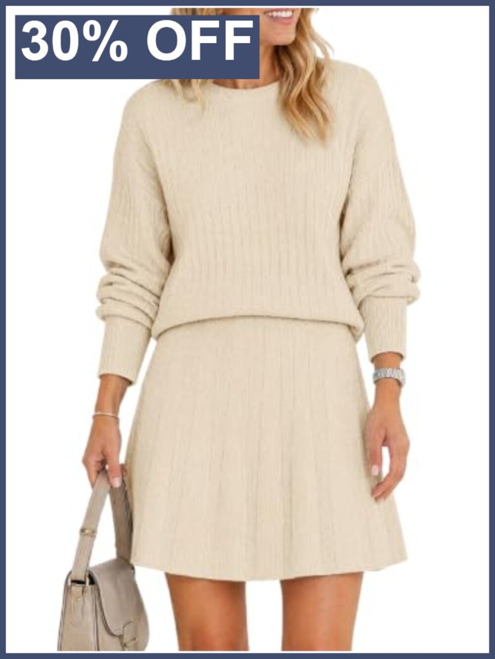Ribbed Knit 2 Piece Sweater and Mini Skirt Set Crewneck Drop Shoulder
